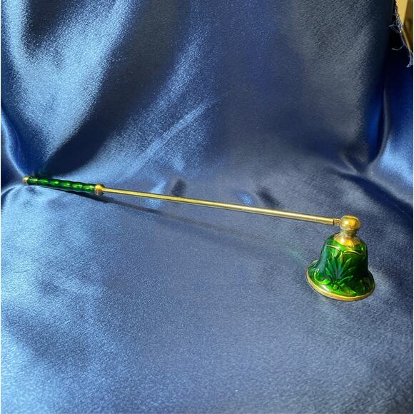 Brass Candle Snuffer with Green Glaze on Bell and Handle - Picture 1 of 5